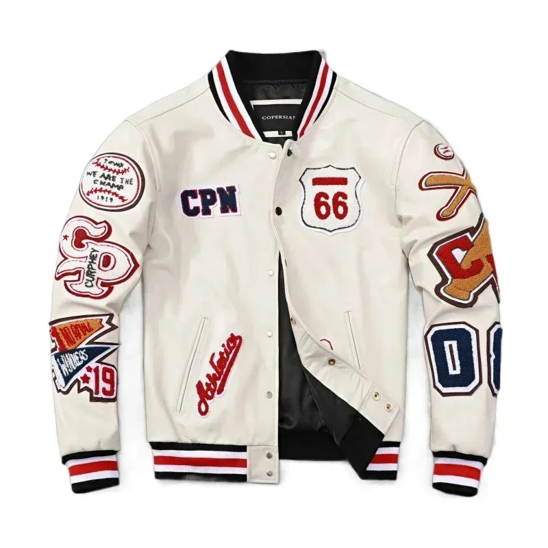 Fashion Terrycloth Embroidery Genuine Leather Baseball Jacket White Black American Style Sport Coat Loose Street Mens