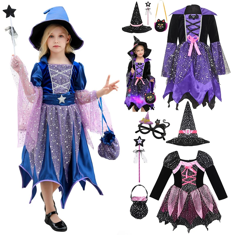 Girls Halloween Witch Clothing Set 4 Pieces Dress+Hat+Wand+Bag Wizard Costume 2024 Kid Make up Party Hag Witch Apparel Vestidos