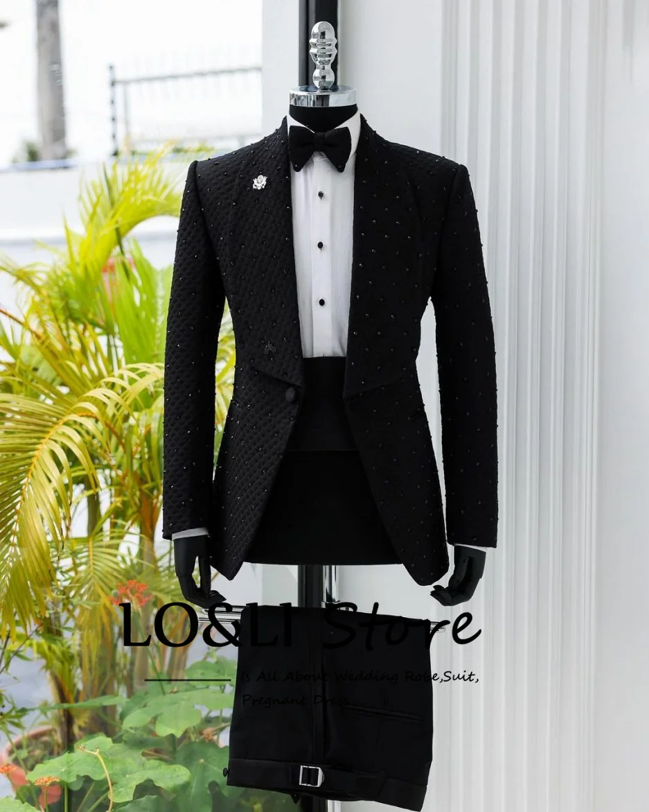 Pearl Black Suit For Men Luxury Wedding Groom\'s Suit Costume Homme Big Shawl Lapel 2 Piece Blazer Set Formal Occasion Slim Fit