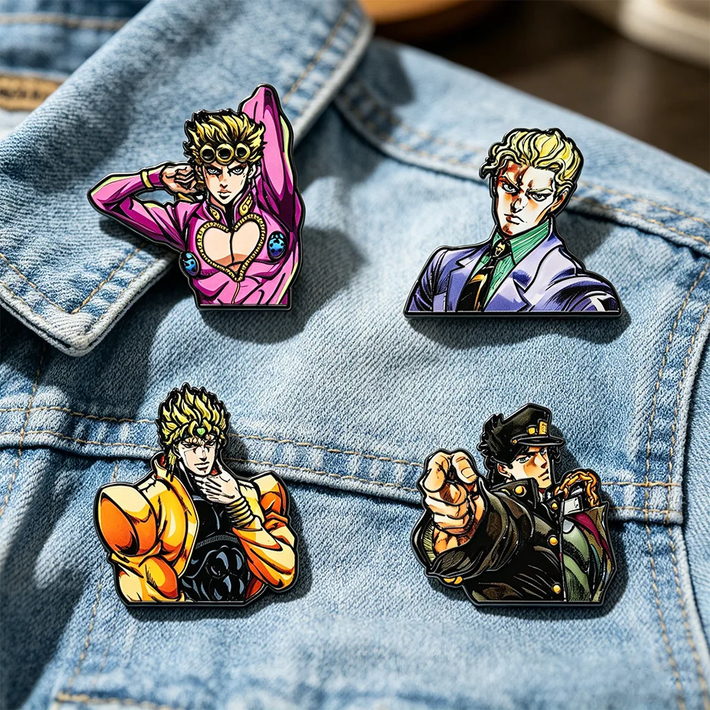 4Pcs JoJo's Bizarre Adventure Enamel Pins Giorno Dio Jotaro Yoshikage Kira Brooch Anime Badge