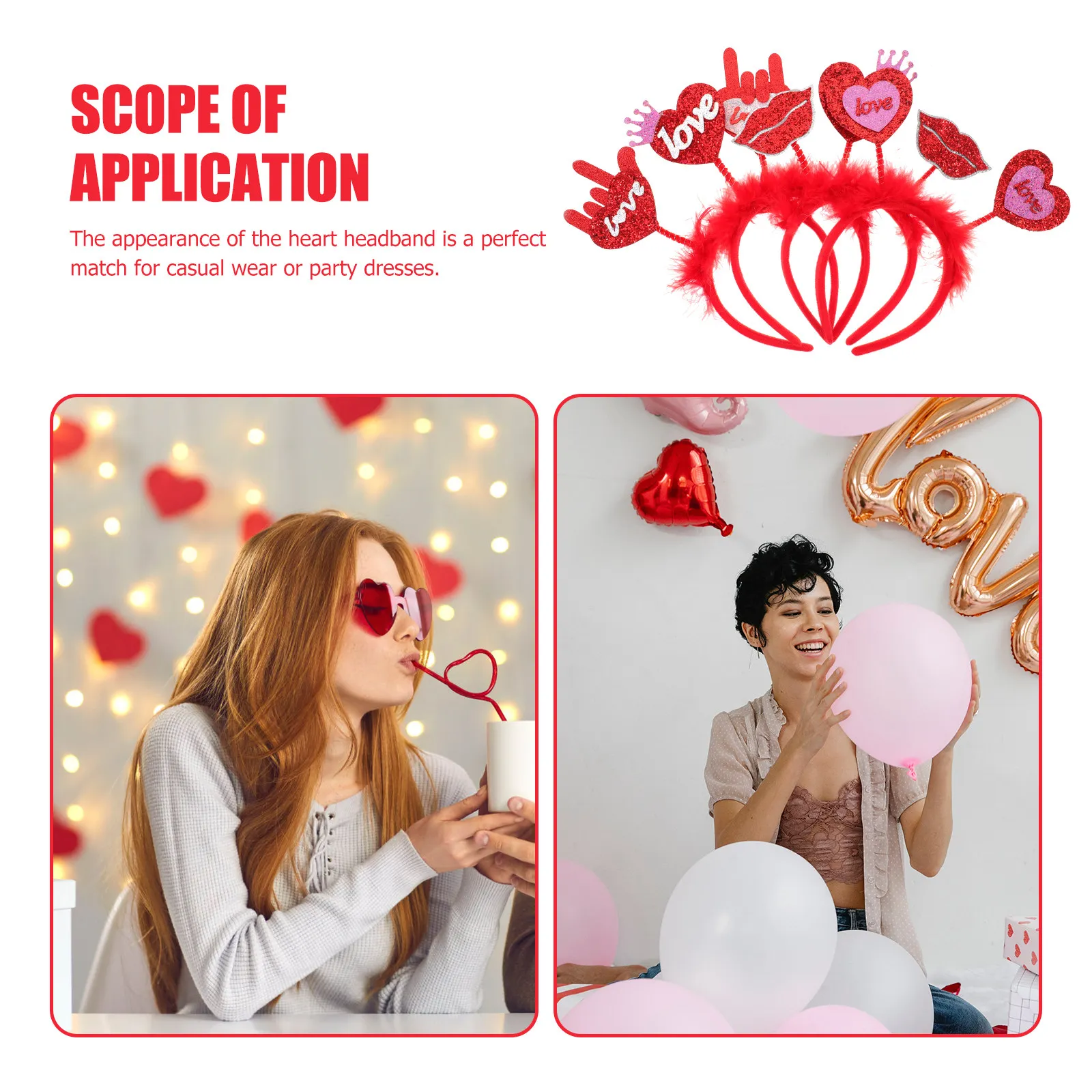 

4Pcs Love Heart Headbands Adorable Party Head Hoops for Valentine's Day Headwear Decorative Hair Accessories Supplies