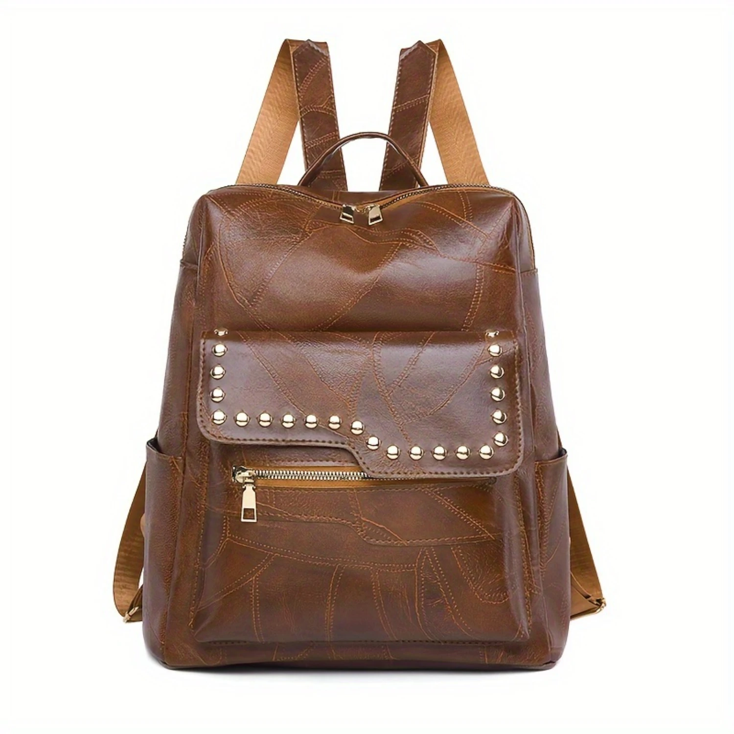 

Retro Studded Backpack, Casual Vegan Leather Knapsack, Portable Computer Daypack Schoolbag Travel Work Rucksack