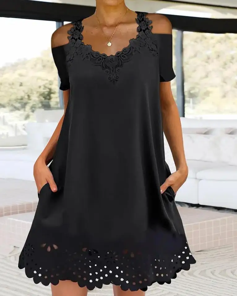 

Summer Women Short Dress Contrast Lace Cold Shoulder Mini Dress Sexy V-Neck Black Casual Evening Club Party Dresses Vestido