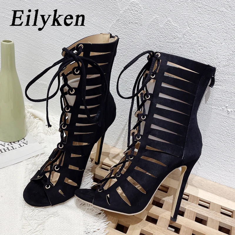 Eilyken 2024 New Brand Black T-tied Boots Sandals Sexy Thin High Heels ShoesLace-up Peep Toe Hollow Out Woman Pumps