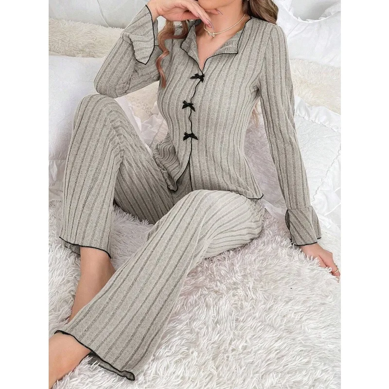 European and American Autumn and Winter Sleepwear Women's Lapel Bow Fashion Sexy Long Sleeved Pants Home Suit Women