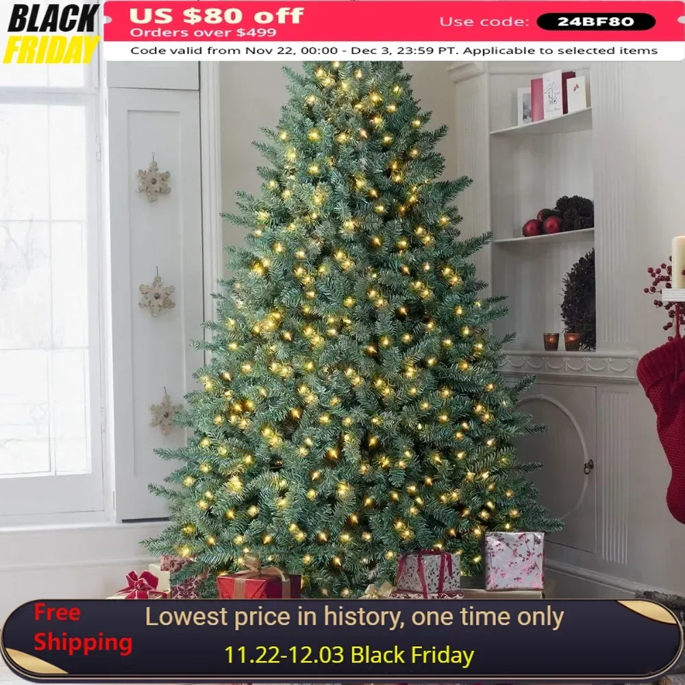 7.5ft Prelit Christmas Tree, Premium Hinged Blue Spruce Artificial Christmas Tree, Full Xmas Tree with 1000 Clear Lights