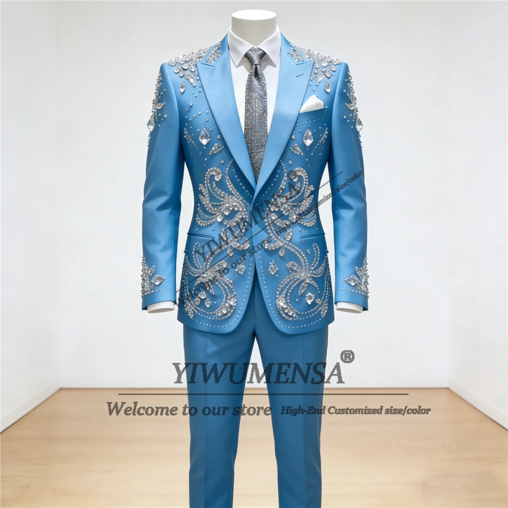 

Роскошные костюмы с бриллиантами и бисером, свадебные костюмы для жениха, приталенный однобортный пиджак, брюки, комплект из 2 предметов, мужские смокинги для банкета, вечеринки, наряды