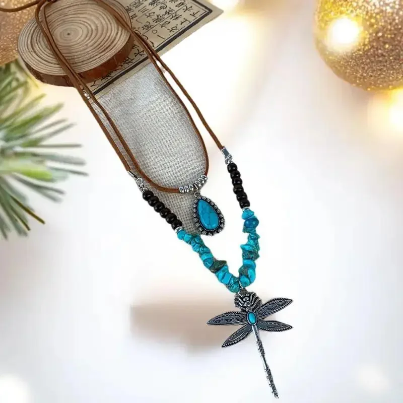 Ethnic Style Vintage Dragonfly Pendant Necklace For Women Bohemian Style Faux Turquoise Beaded Necklace