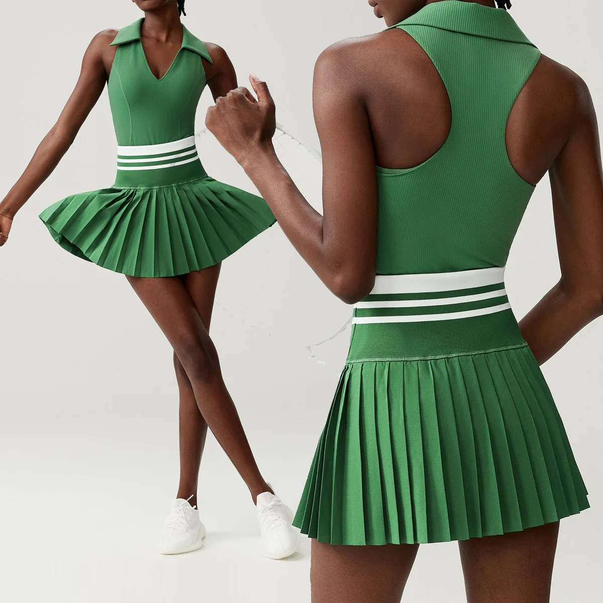 

Summer Women tennis skirt 2 piece set High Waist Mini 2 in 1 Skirts V-Neck Sports Vest Backless Top Golf Wear Skorts With Pocket