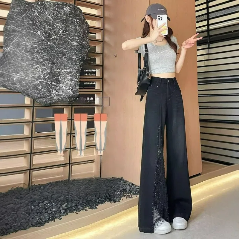 Super Popular Black Patchwork Lace Rhinestone Wide-leg Jeans for Women with Summer Elastic Beaded Design and Floor-length Pants