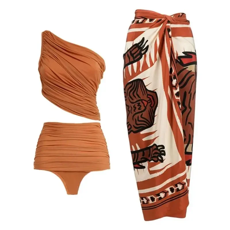 One Shoulder Ruched Rust High Waist Bikini Swimsuit and Sarong