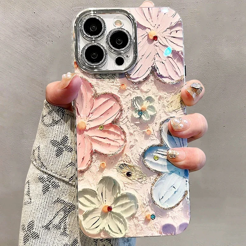 

Pop Luxury Glitter Flower Pattern Laser Phone Case For IPhone 11 12 13 14 15 16 Pro Max Plus Shockproof Bumper Cover