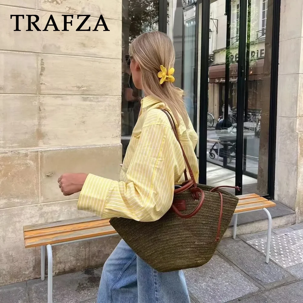 Trafza-女性のためのストライプのシャツ,カジュアルとファッション,ヴィンテージ,上質な襟,シングルブレスト,黄色,春と夏,2024