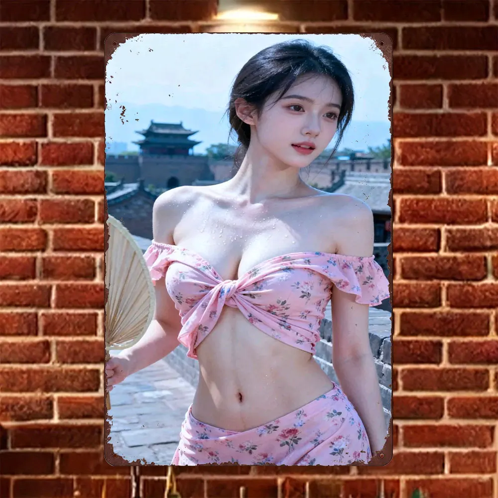 HD Tin Sign Vintage Asian Girl in Pink Floral Off-shoulder Top Ancient City Wall Metal Wall Art Retro Decor for Home Bar Cafe