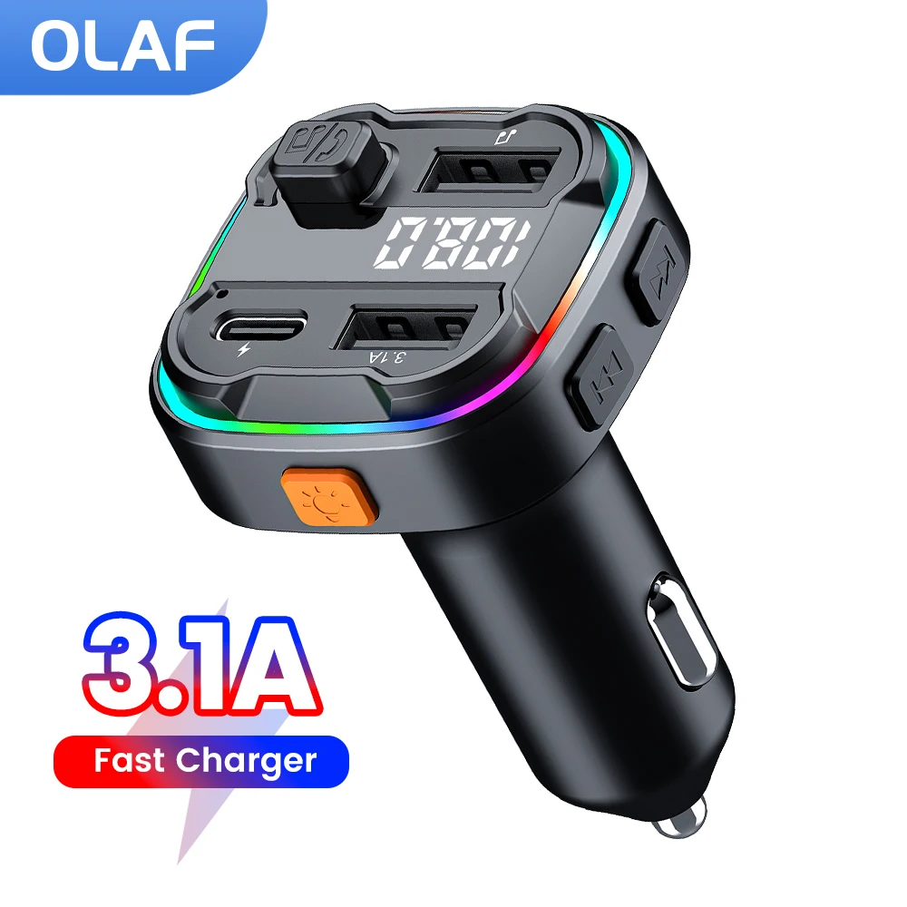 Olaf Car Bluetooth 5.3 FM Transmitter PD Type-C Dual USB 3.1A Fast Charger Colorful Ambient Light Handsfree MP3 Modulator Player