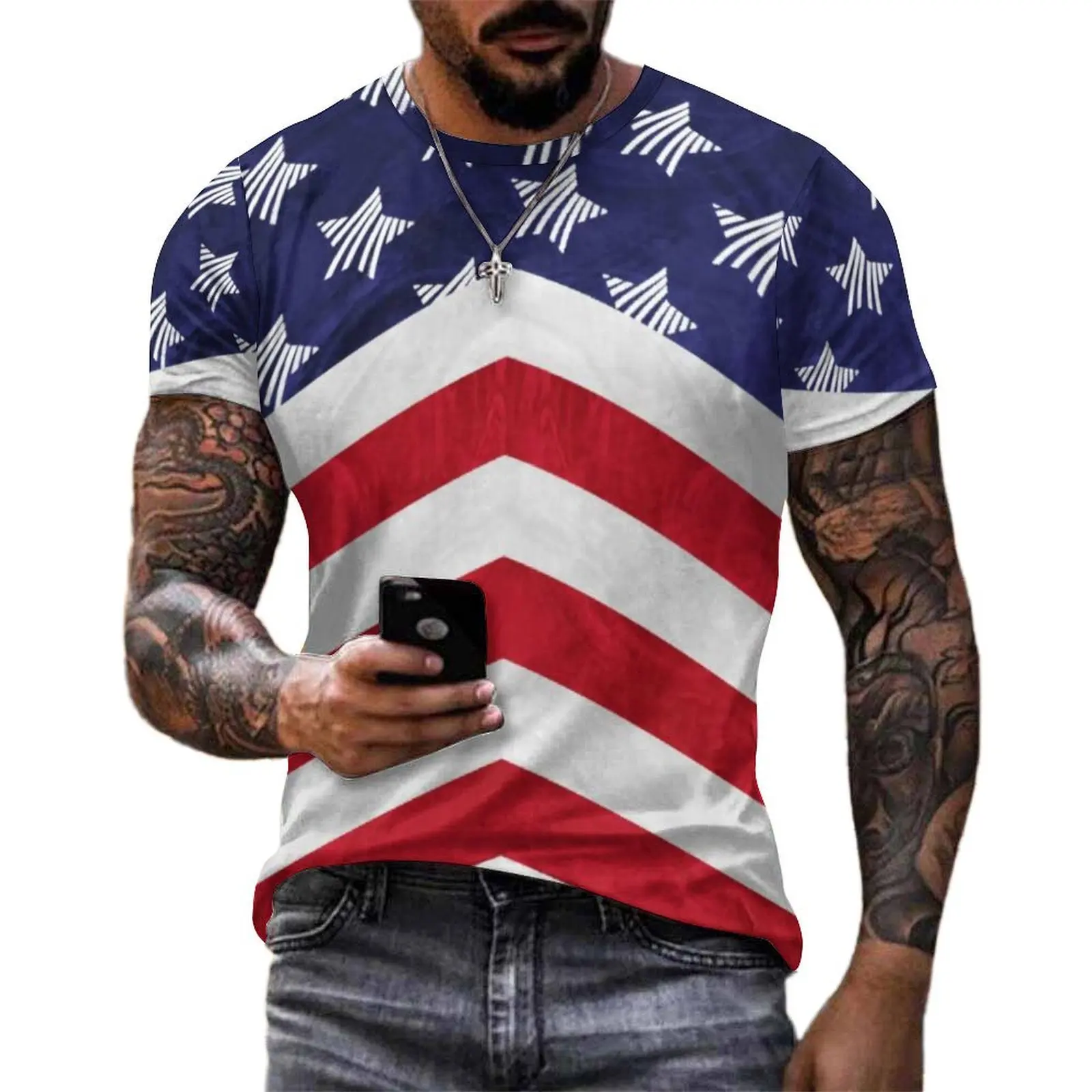 Patriotic American Flag T Shirt Red White Blue Stars Print Vintage T Shirts Male Awesome Tee Shirt Summer Short Sleeves Top Tees