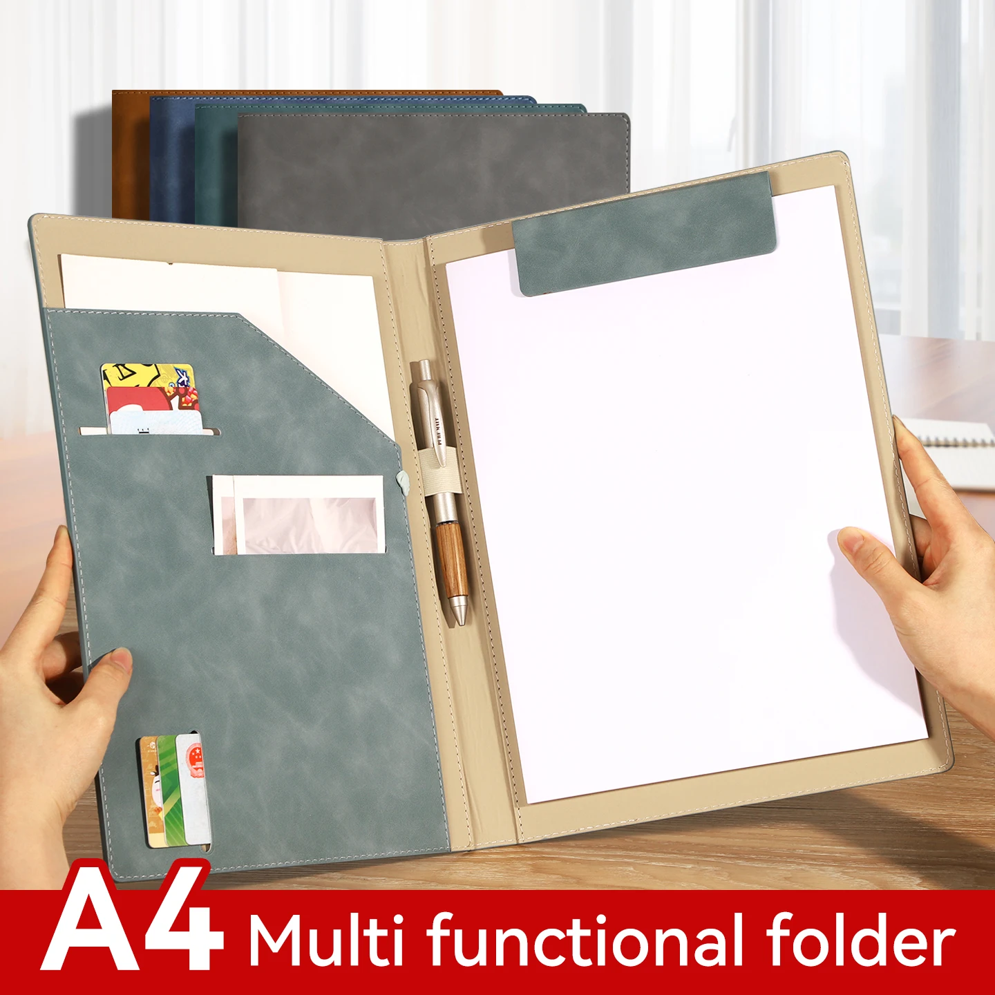 A4 PU Leather Business Portfolio Folder Multi‑Functional Document Organizer with Card Slot Pen Holder for Office Interview