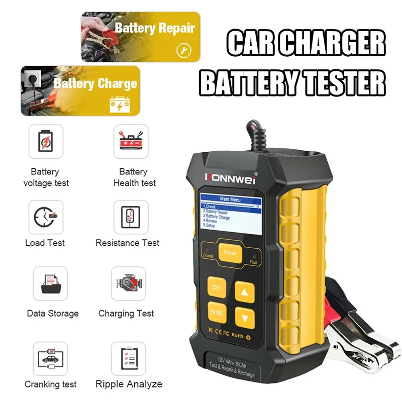 KONNWEI 12V KW510 Car Charger Battery Tester 5A Gel Battery Charger Power Bank Pulse AGM Wet Dry Lead Acid Auto Repair Tools