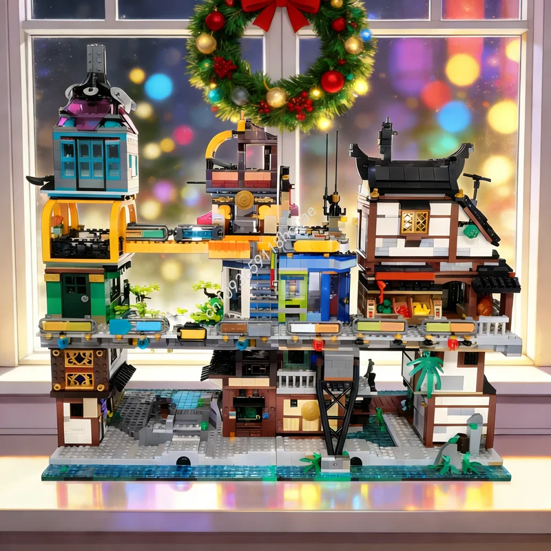 

2611 деталей MOC Ninjago City Onsen, конструктор, развивающая игрушка, креативный набор для сборки, идея для подарка на Рождество