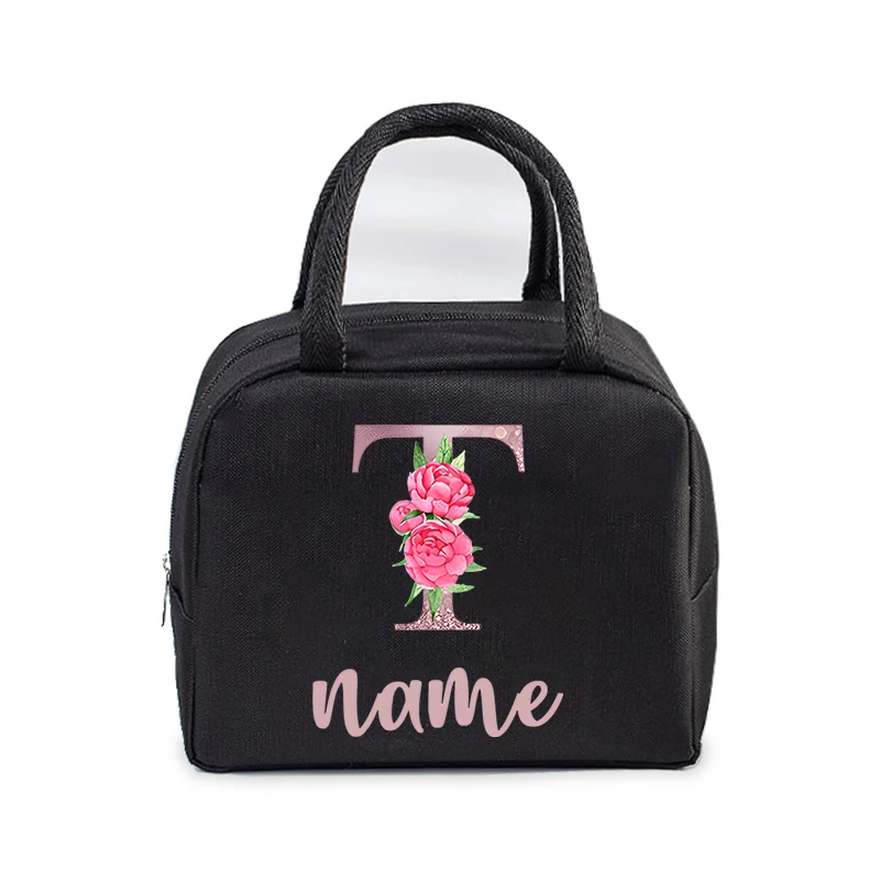 Custom Initial with Name Insulated Lunch Bag for Women Men Kids Cooler Pouch Thermal Pouch Portable DIY Flower Letter Lunch Bag