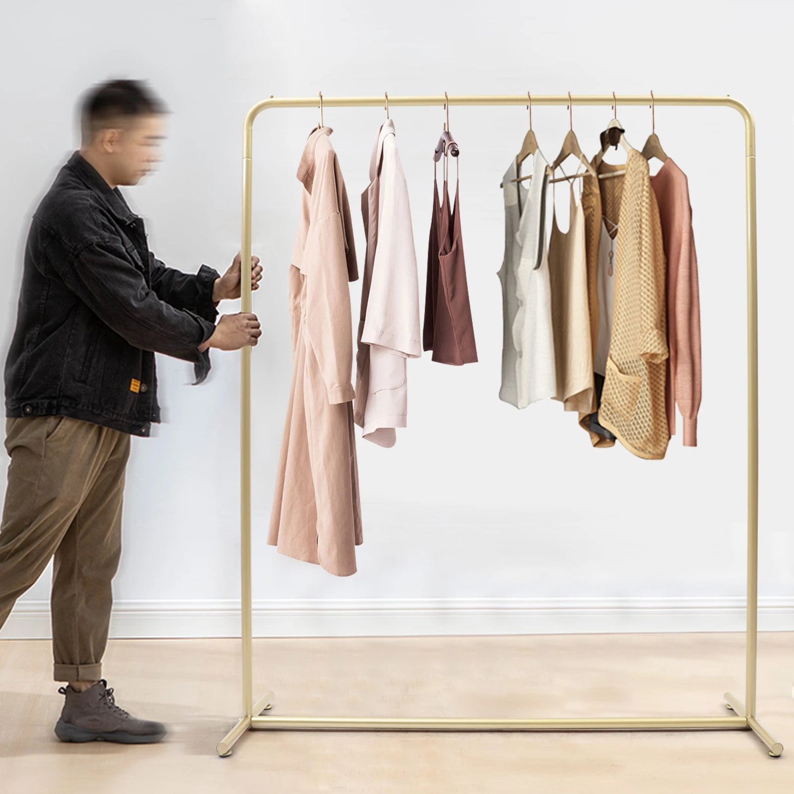 

47.2*15.7*59 Inches Gold Clothes Garment Modern Display Rack with Round Blocks Suitable for Hanging Clothes, Bags, Scarves