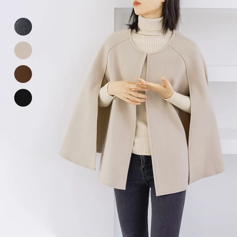 

Autumn Winter Elegant Japanese Style Thickened Crew Neck Solid Color Cardigan Mid-Length Shawl Coat High-Grade Cape Trench Coat