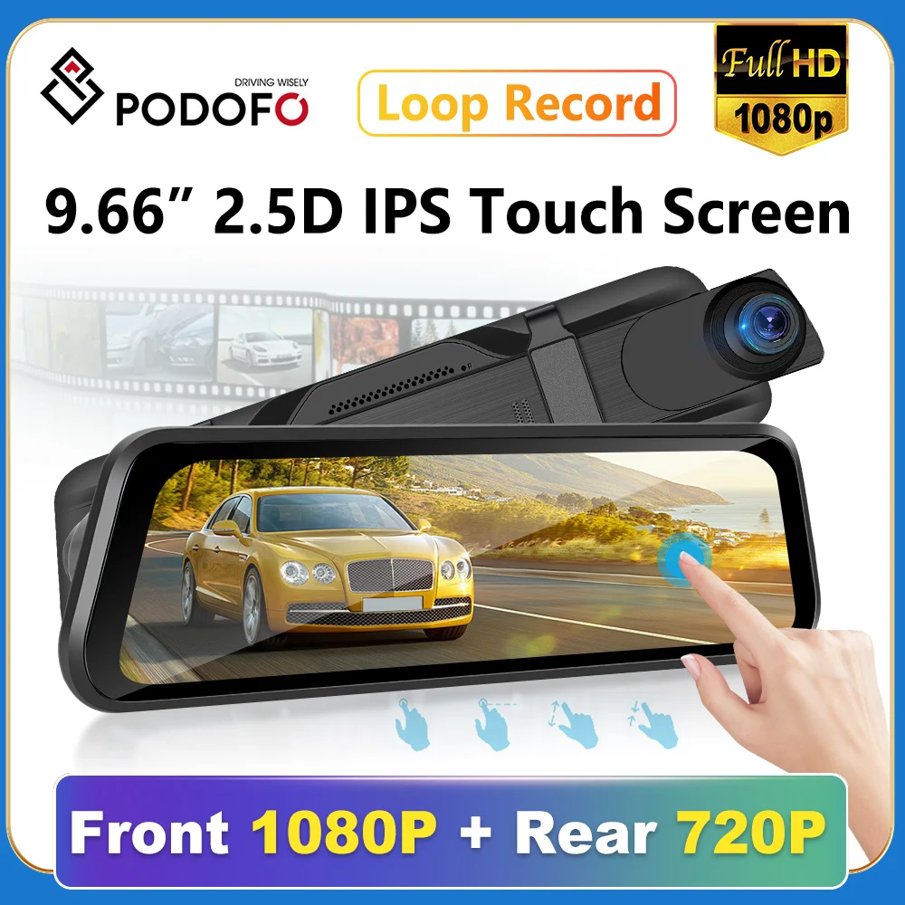 

Podofo 9.66in rearview mirror recorder Full Hd 1080p automobile dash cam dual lens video recorder automobile DVR dash cam cycle