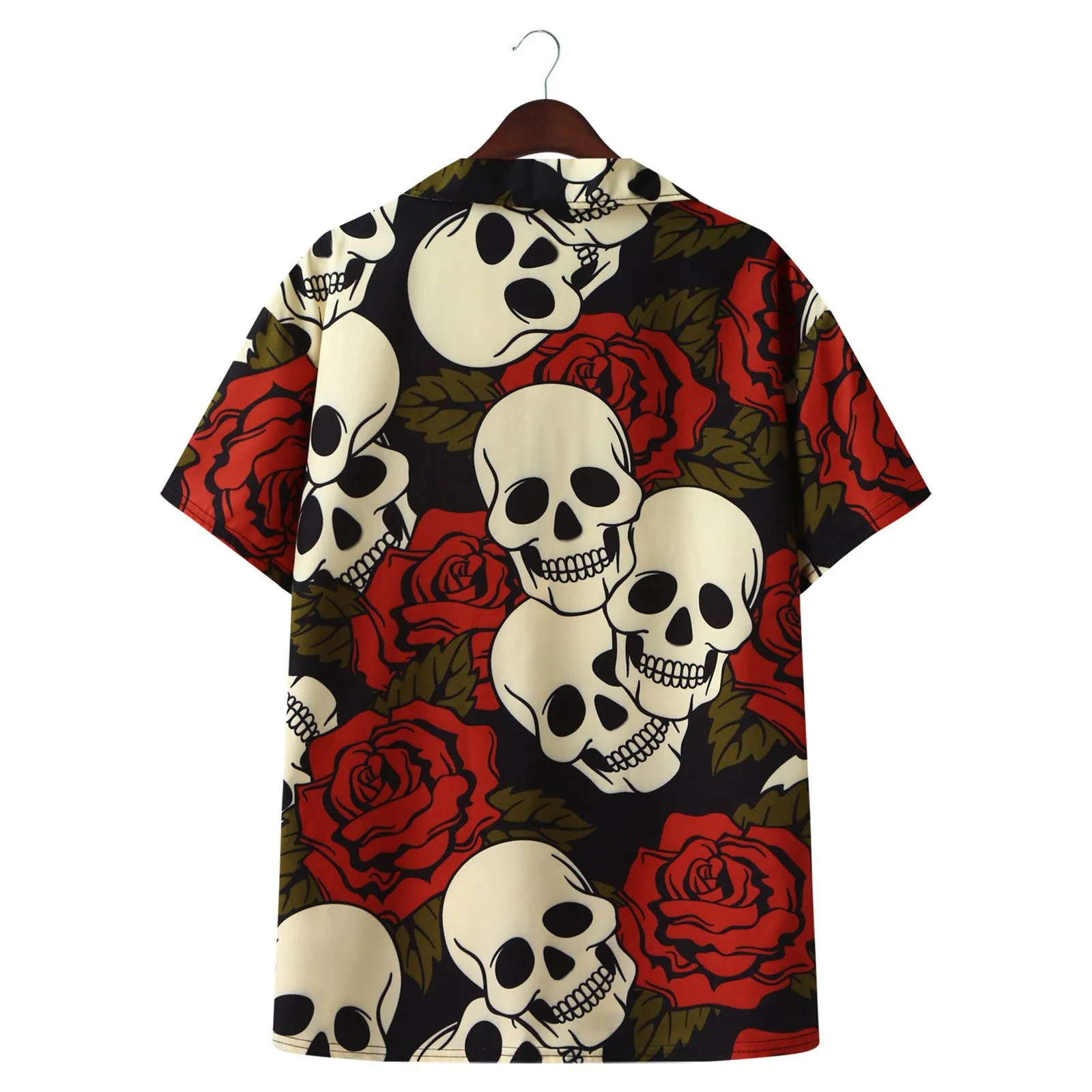 

Summer Men's Skull Print ort Sve irt Bone Patterned Casual Top for Middle-Aged Polyester Material Stand Fit