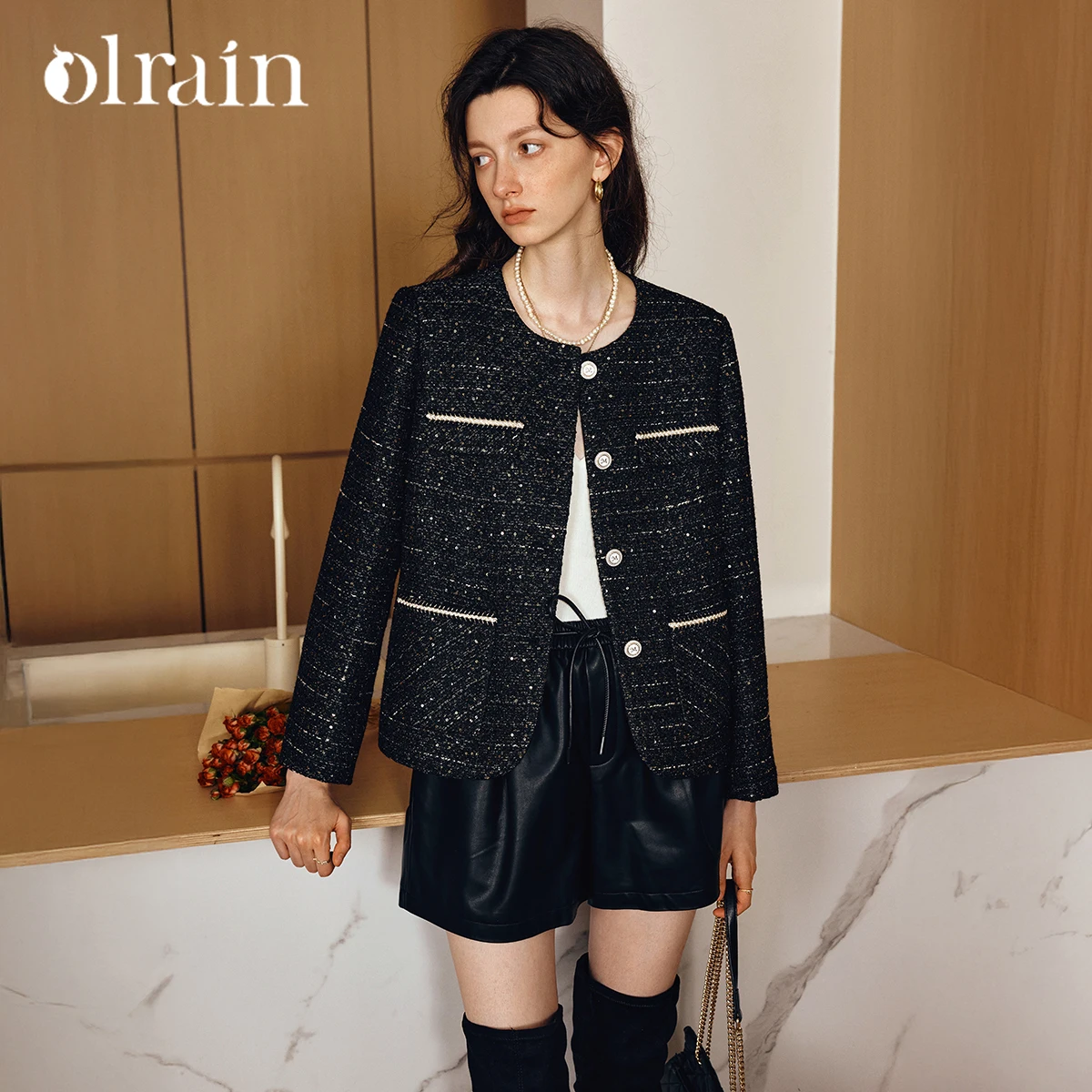 

OLrain Women French Jackets 2026 Autumn New Collection O-neck Jacket Pocket Elegant Female Clothing Lady Outerwear GO57QW001022