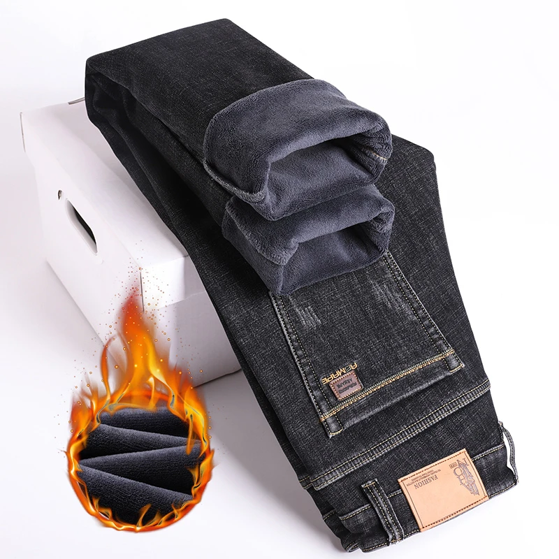 New Winter Men Fleece Warm Jeans Classic Style Business Casual Thicken Velvet Slim Denim Pants Brand Trousers Male Size 28-42