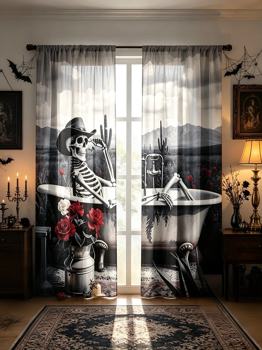 2PCS Skull Floral Print Blackout Curtains