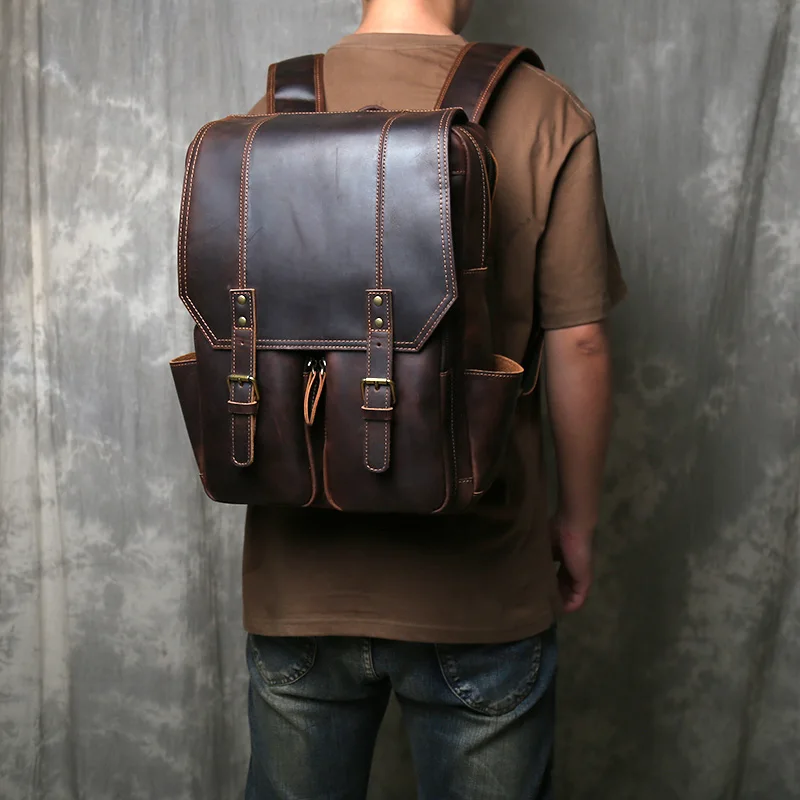 

Рюкзак большой емкости с покрытием из натуральной кожи для мужчин, кожаный повседневный рюкзак Crazy Horse из воловьей кожи в стиле ретро, компьютерный рюкзак