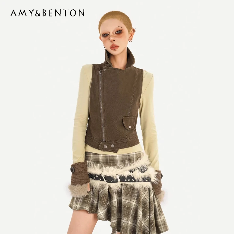 

Vintage Design Coffee Color Denim Women's Vest 2026 Spring Sweet Cool Fashion Personality Slanted Zipper Versatile Vest Ladies