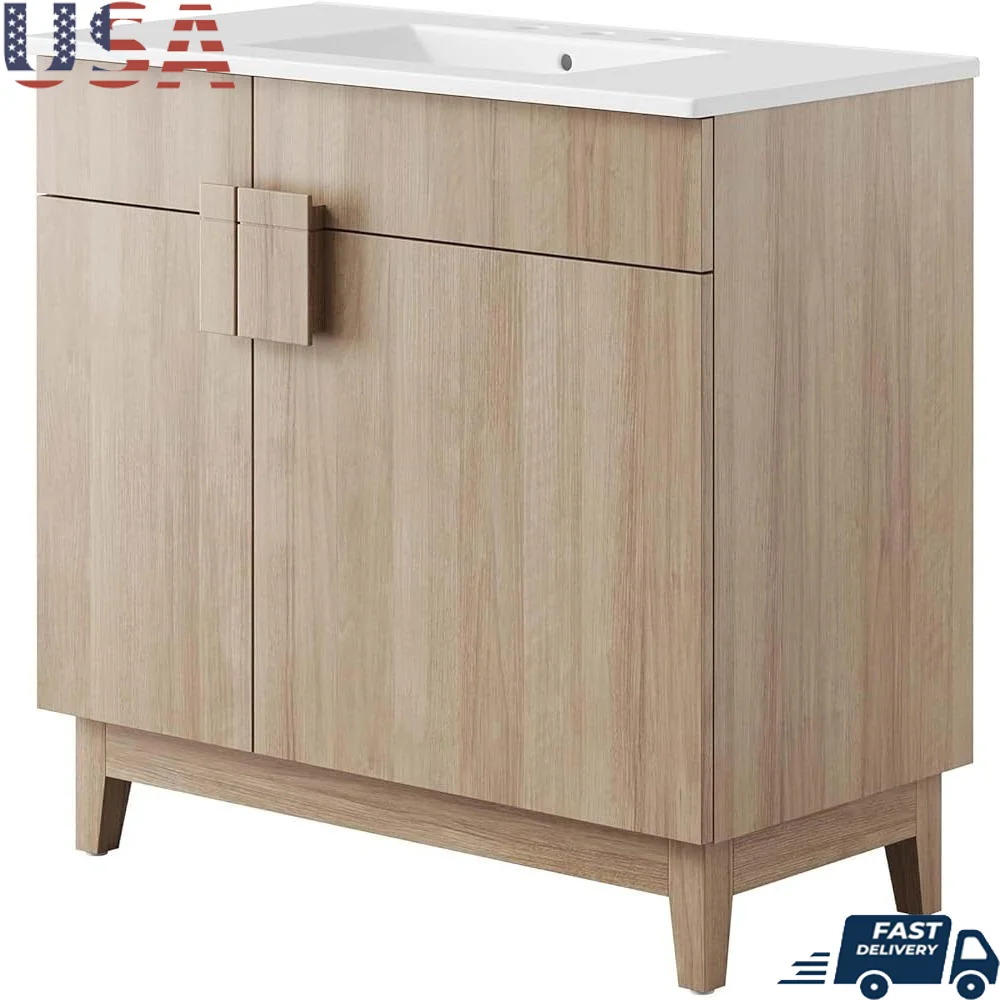 

Modern Bathroom Vanity With Elegant Sink Ample Storage Space Asymmetrical Door Design Lightweight Durable Construction
