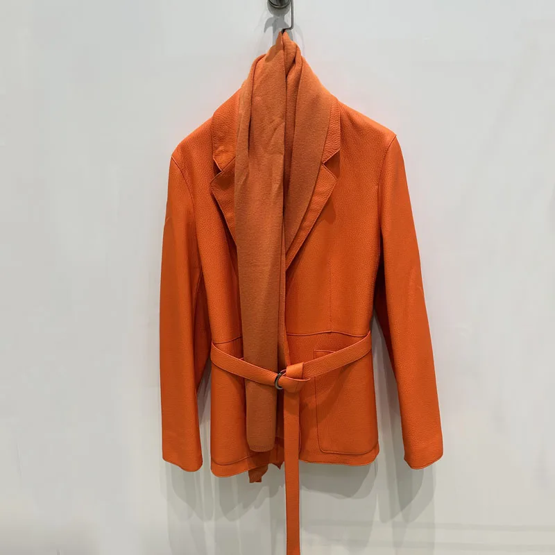 Luxurious scarf suit style women coat spring and autumn 2025 new fashion genuine leather jacket with belt
