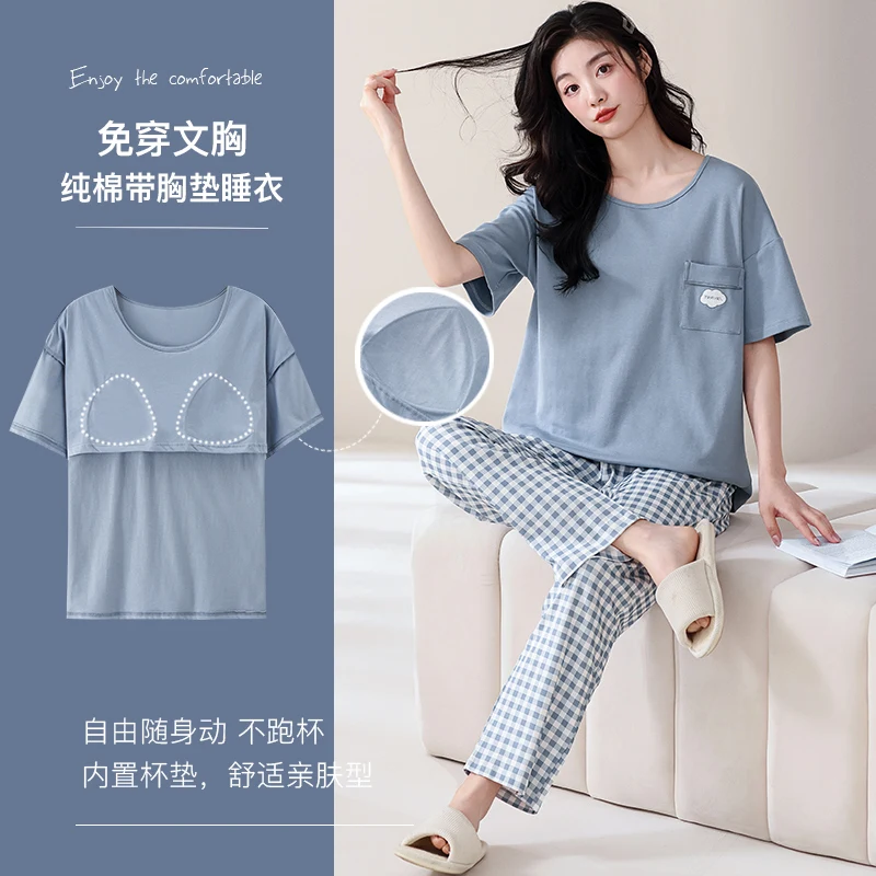 Summer Short Sleeve Sleepwear With Chest Pad 100% Cotton Women Pajamas Set Female Short Top+Long Pants Pijamas Mujer