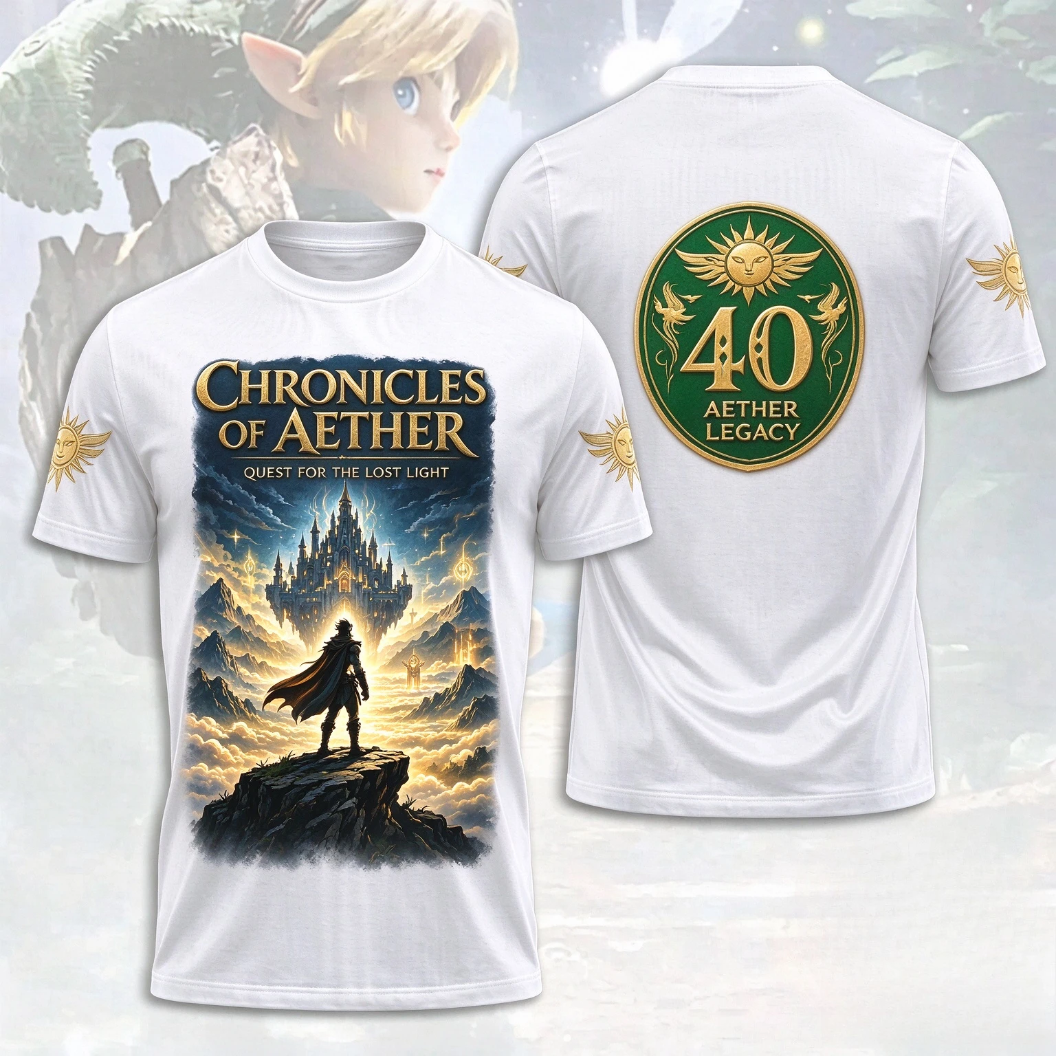 Y2K Fantasy Warrior Castle Scenery Shield Badge Graphic Tee Unisex Men Women Front Back Art Streetwear Short Sleeve T-shirt