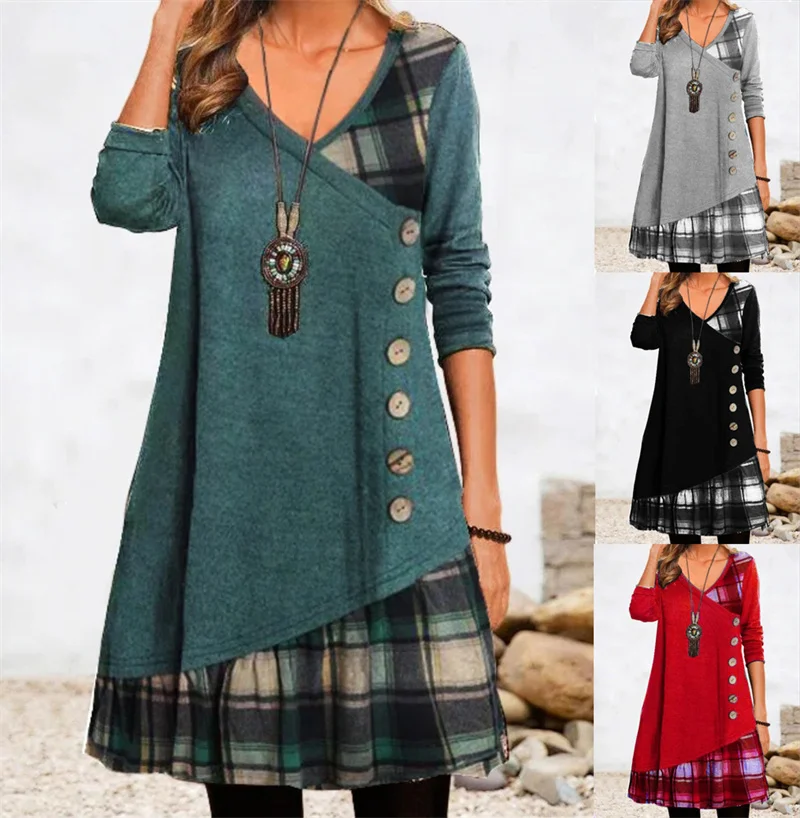 2022 Herfst Winter Mode Elegant Katoen Knop Patchwork Trui Lange Mouwen Jurken Vrouwen Retro Casual Plaid Strepen Gewaad 2