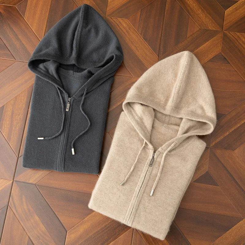 Autumn and winter 100% cashmere sweater hooded zipper pullover thick knitted sweater warm casual outerwear