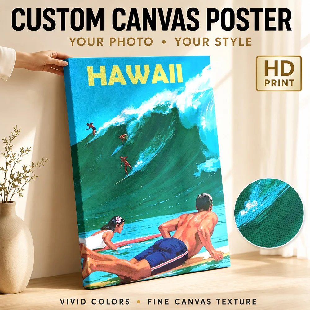 Hawaii Surfer Travel Wood Framed Canvas Poster Customized Photo Retro Coastal Illustration Wall Art For Entryway Birthday Gift