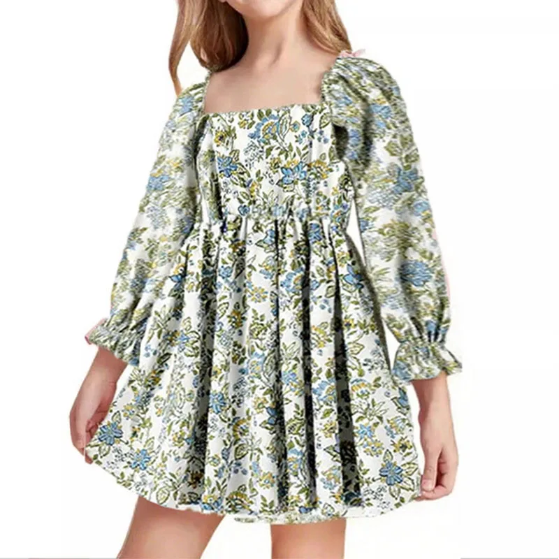 

Big Girls Green White Dress Print Fall Dresses For Teen Girls School Dress Size 8 2 3 4 5 6 7 9 10 11 12 13 14 Years Party Cloth