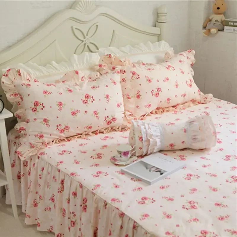 European style bedding set red rose print bedding ruffle duvet cover handmade bed sheet skirt type princess rustic bedspread