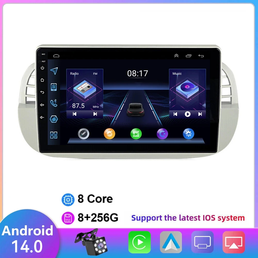 

8G+128G Android 14 Stereo For Fiat 500 Car Radio GPS Navigation Mirror link Split Screen Multimedia Carplay Auto Player DSP RDS