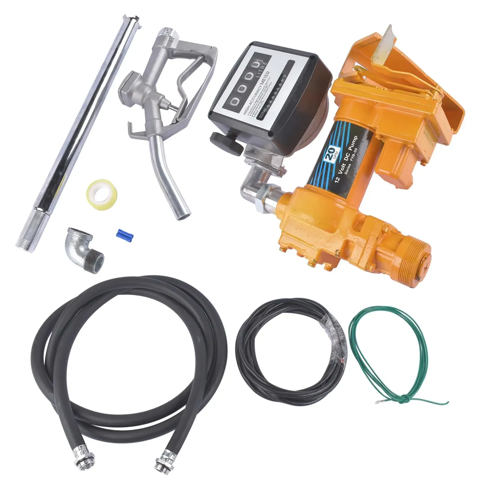 AP03 Yellow Fuel Transfer Pump Gasoline Pump 12V DC 20GPM w/ Nozzle Kit Flow Meter