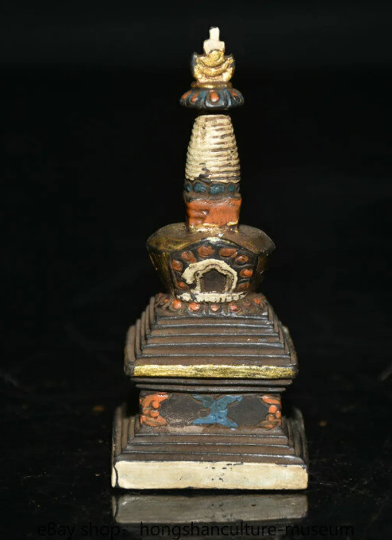 

4" Old Tibet Tibetan bronze Buddhist Ritual Stool Stupa Pagoda Tower statue