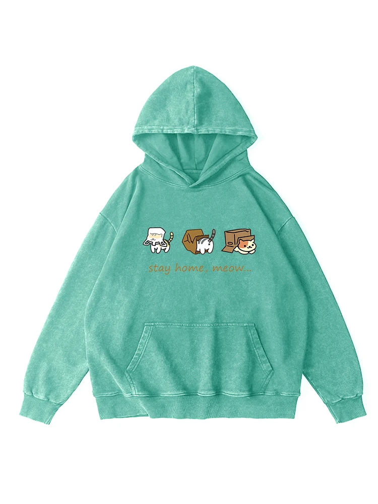 Fique em casa, meow kawaii impressão mulher angustiado lavado hoodie vintage oversize quente com capuz outono algodão roupas casuais feminino