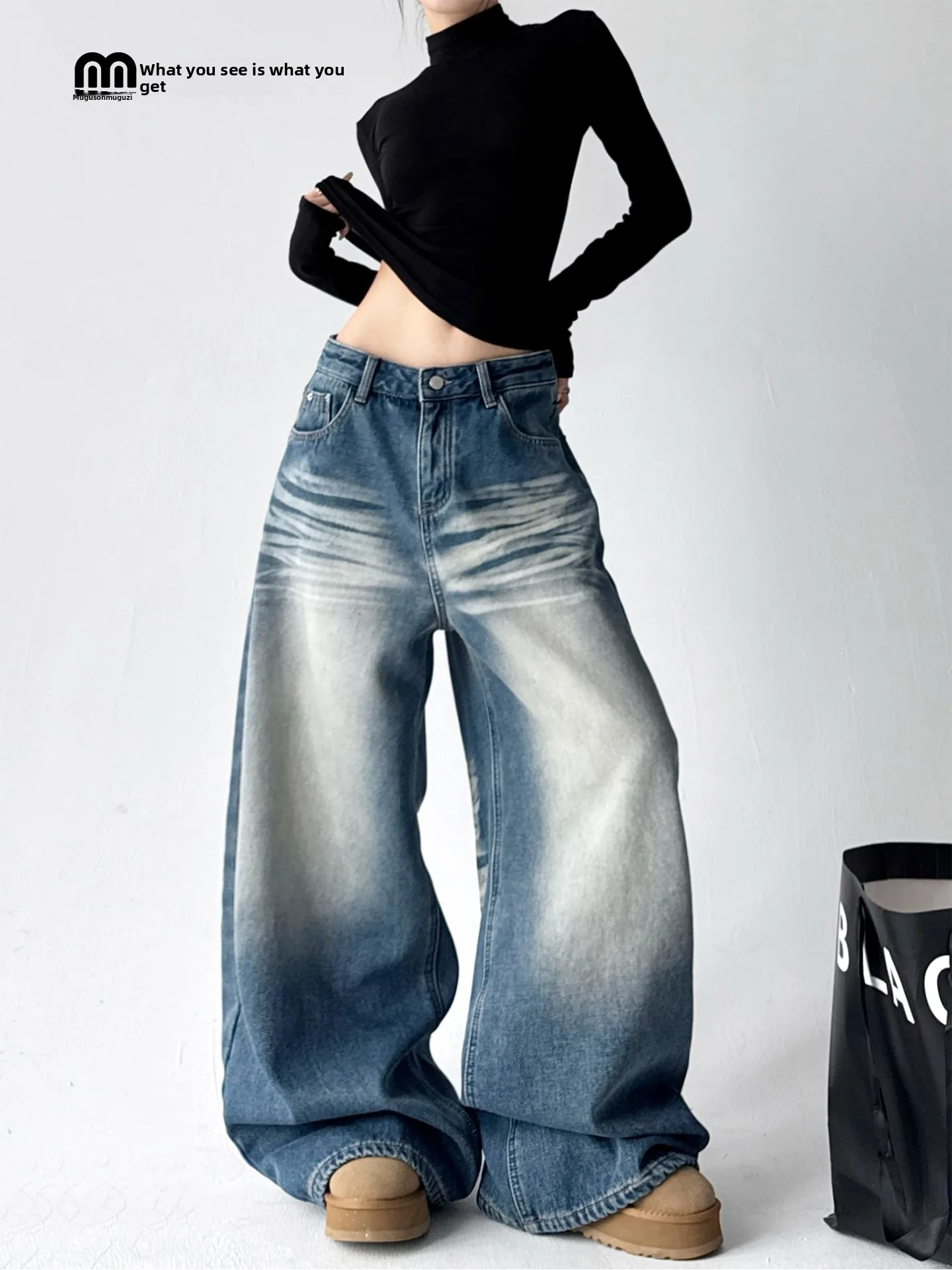 

High Waist Wide Leg Jeans Women Loose Fit Floor Length Straight Casual Retro Style Autumn Winter Slimming Trousers