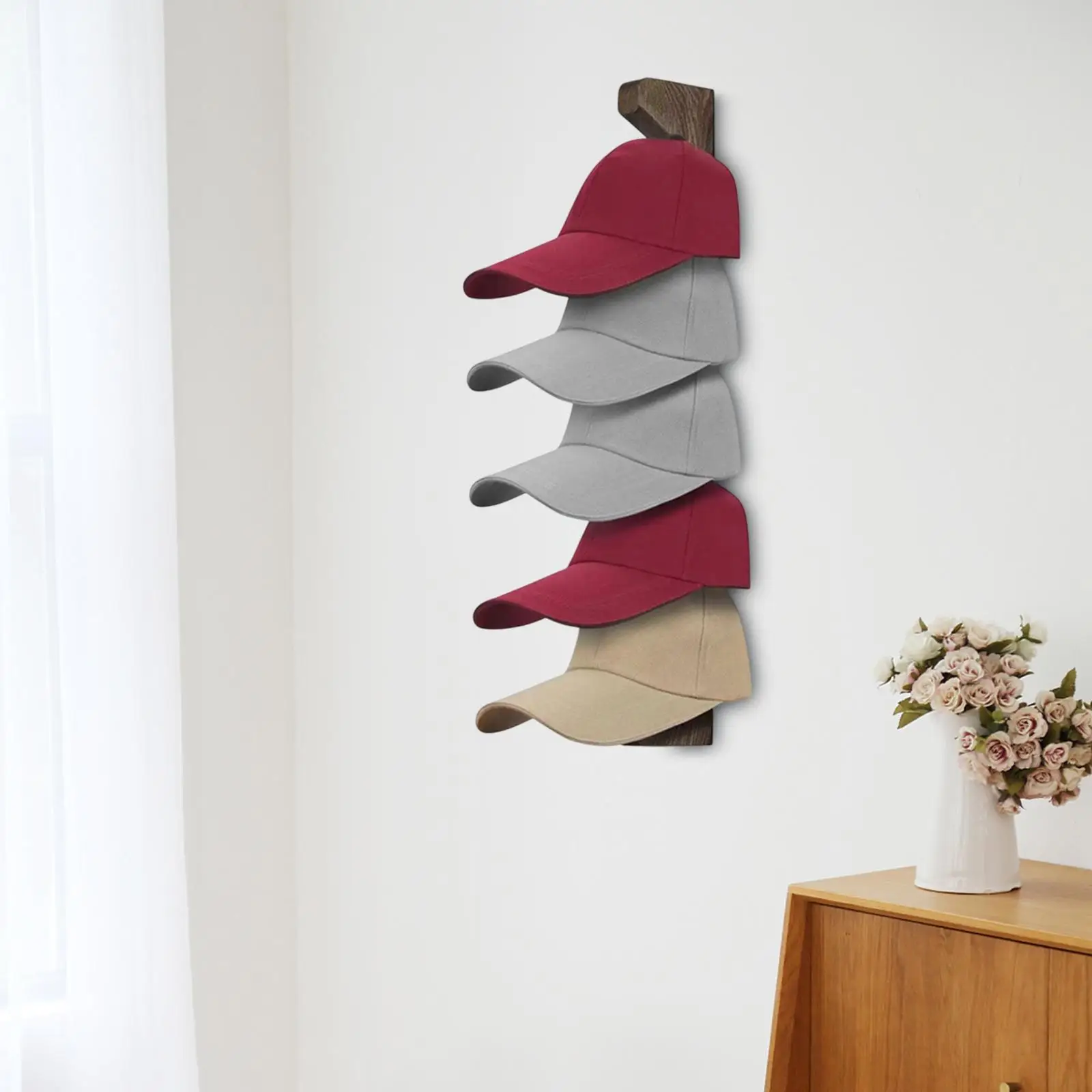 Baseball Hats Rack Organizer Multifunctional Decorative Wall Mount Caps Display Wooden Hat Holder for Entrance Laundry Door