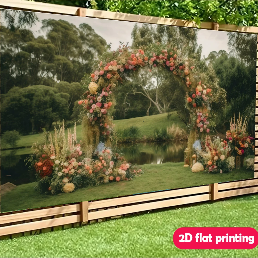 Feliz tela de fondo para fiesta de boda con arco floral colorido, vista junto al lago, belleza natural, sin fuente de alimentación, escena de boda