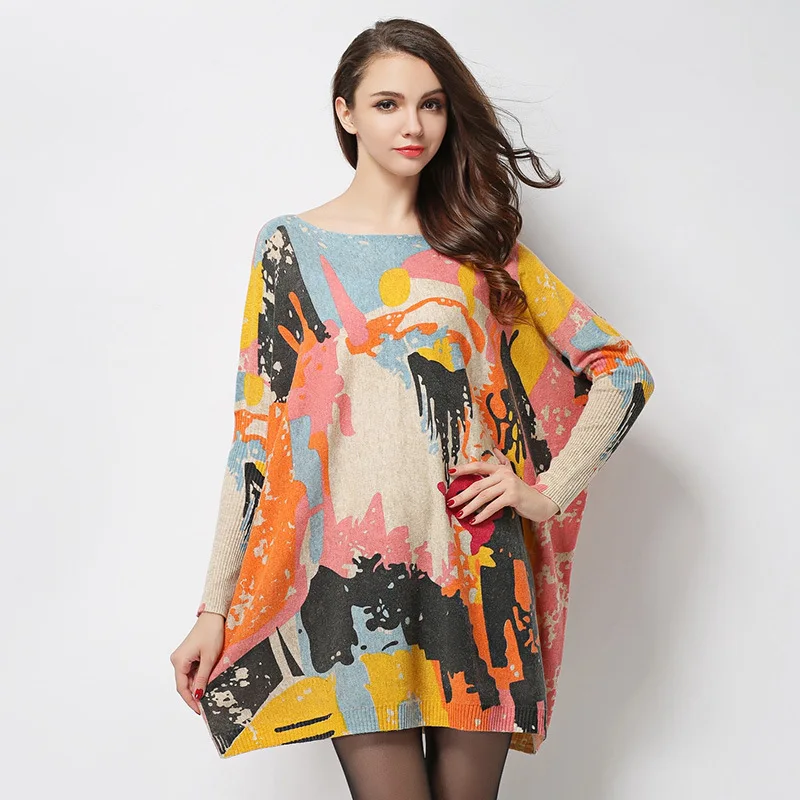 

Women's Fall Knitwear Oversized Graffiti Print Pullover Female Sweater Long Sleeve
